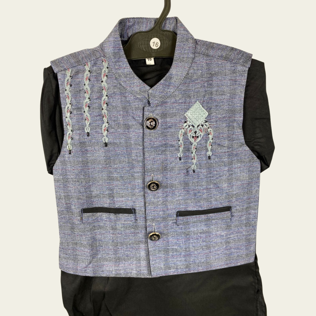 BS - Kurta Shalwar & Waist Coat - 3 Pieces - Grey & Black