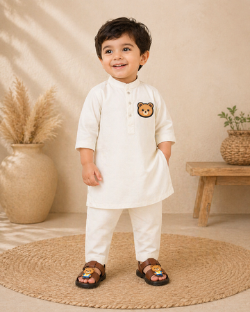 BS - Kurta Shalwar & Sandals - Teddy - White & Brown