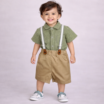BS -  Dungarees - Khaki & Green Bow