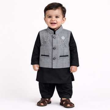 BS - Kurta Shalwar & Waist Coat - 3 Pieces - Grey & Black