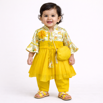 3 Pieces - Frock - Yellow Flowers